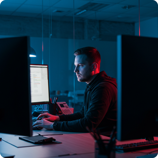 Researcher working at a desktop computer in a dimly lit office