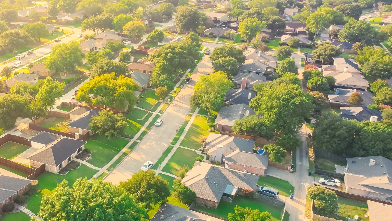 Aerial view of a neighborhood with a propensity score on each home