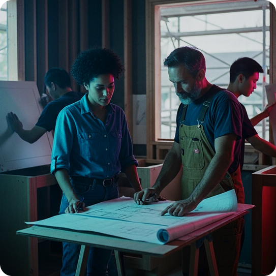 VERTICAL-PAGES_Windows-Channels_New-Jobs 543x543 Contractors reviewing blueprints on a job site table