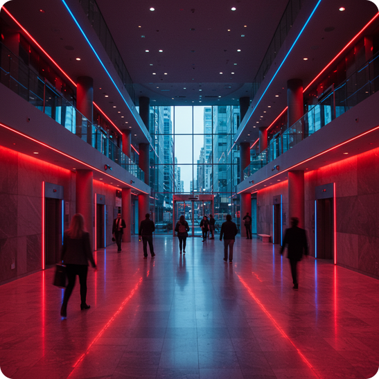 People walking through a modern commercial building atrium