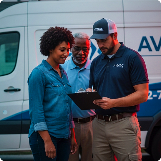 HVAC technician reviewing a clipboard with two homeowners beside a service van