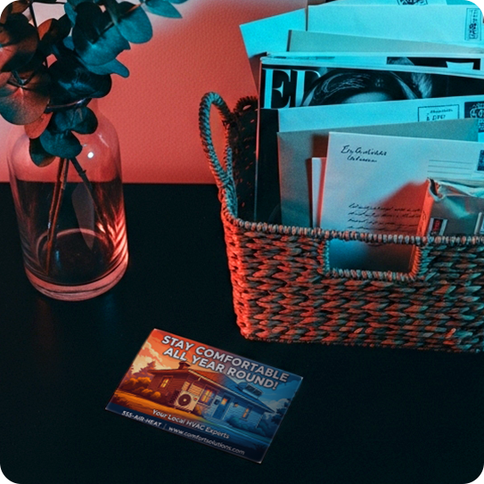 HVAC postcard mailer on a table next to a basket of mail