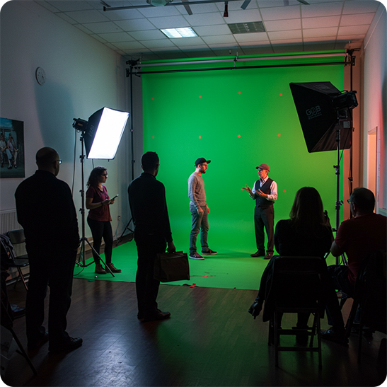 Video production crew filming on a green screen stage