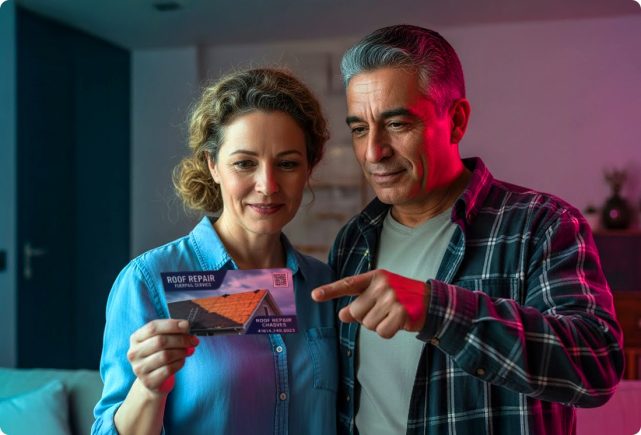 Couple reviewing a roof repair mailer at home