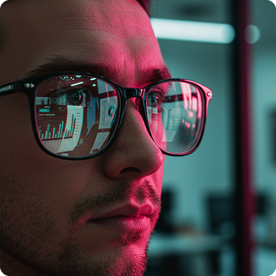 Analyst in glasses with performance charts reflected in the lenses
