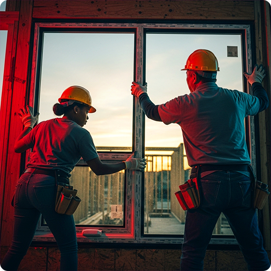 Two installers in hard hats fitting a new window frame