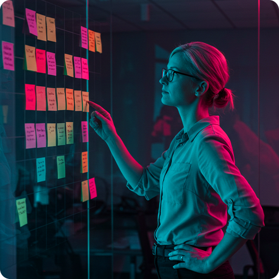 Strategist organizing sticky notes on a glass wall