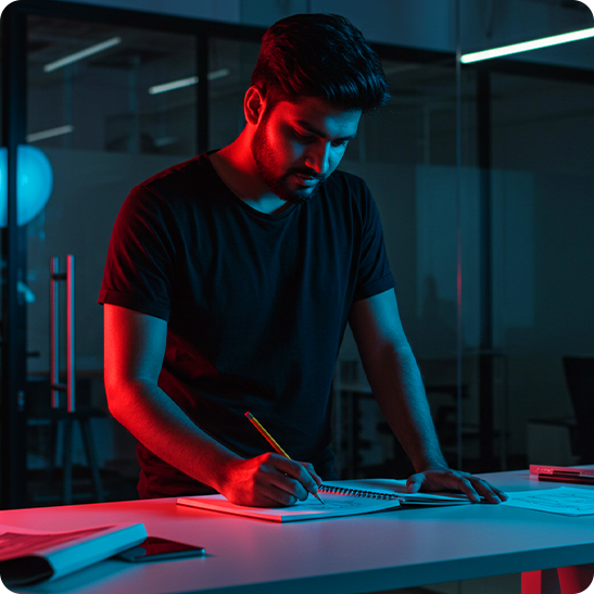 Graphic designer sketching concepts at a desk in a studio