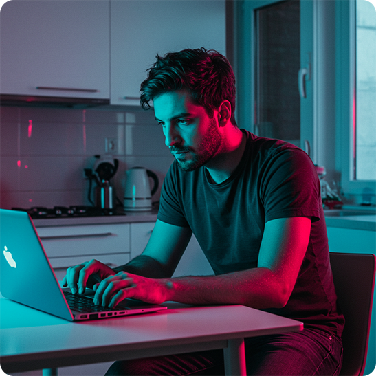 Man working on a laptop at a kitchen table