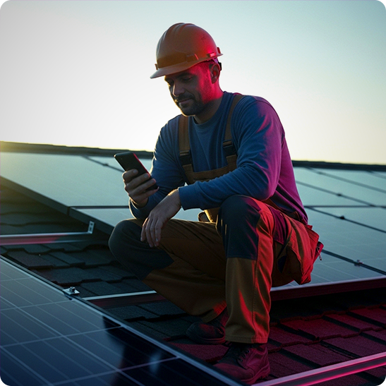 Roofer in a hard hat crouched on a roof checking his phone