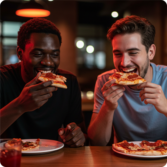 Two friends laughing while eating pizza at a restaurant