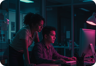 Girl and boy working on monitor