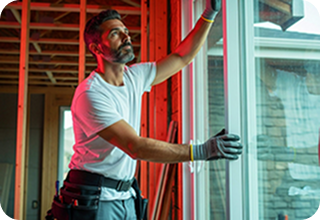 Man is fixing the window glass