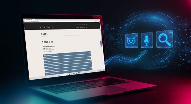 Laptop displaying a shopping center FAQ webpage with glowing digital icons for chatbot, voice search, and magnifying glass, symbolizing instant and accurate answers powered by Pylot®.
