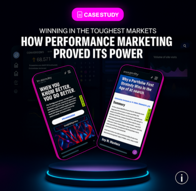Imaginuity case study graphic showing two mobile screens with marketing headlines. The left screen reads 'When you know better, you do better.' The right screen highlights a performance marketing success story. Bold headline above says 'Winning in the toughest markets: how performance marketing proved its power' on a dark futuristic background with data visuals.
